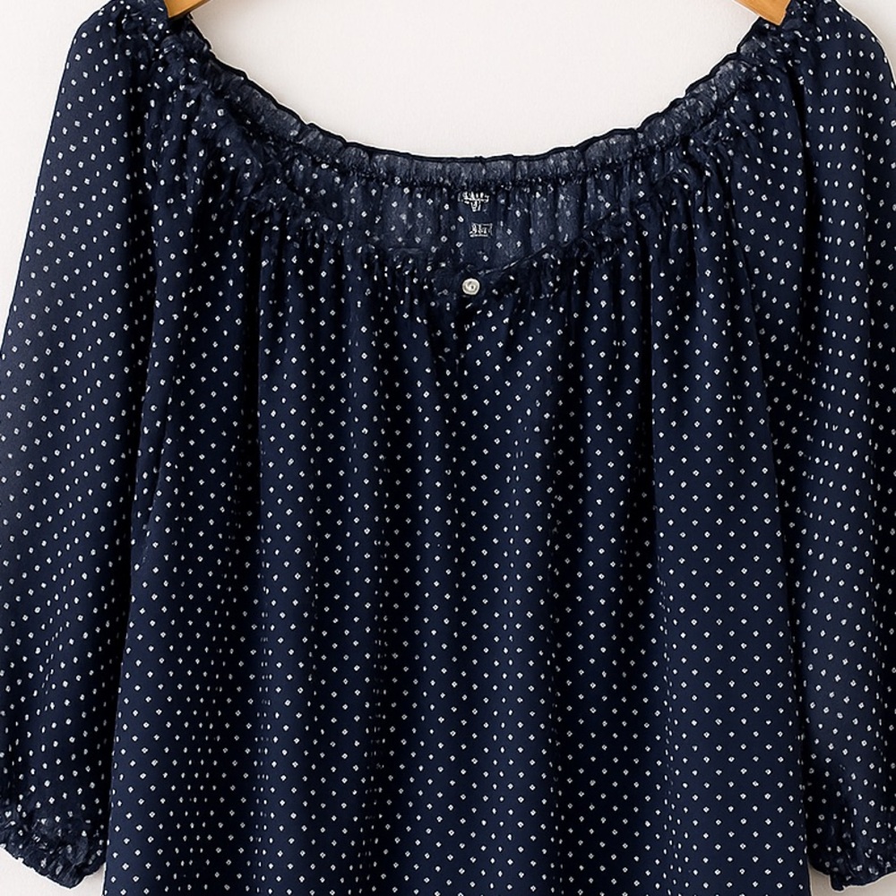 Chaps Women’s Sheer Blouse 3X Navy Blue White Polka Dot Lightweight Boho Top - Picture 2 of 3